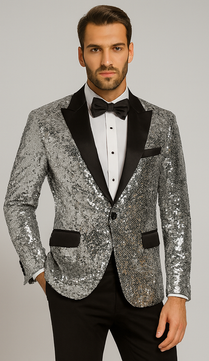 Sparkling Silver Sequin Mens Tuxedo  Party & Wedding Blazer