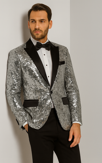 Sparkling Silver Sequin Mens Tuxedo  Party & Wedding Blazer