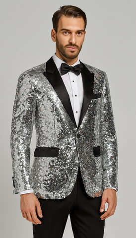 Sparkling Silver Sequin Men’s Tuxedo – Party & Wedding Blazer