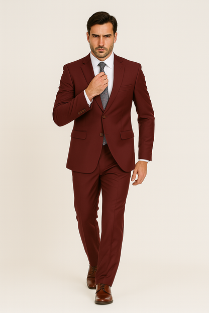 Mens Skinny Slim Suit Burgundy