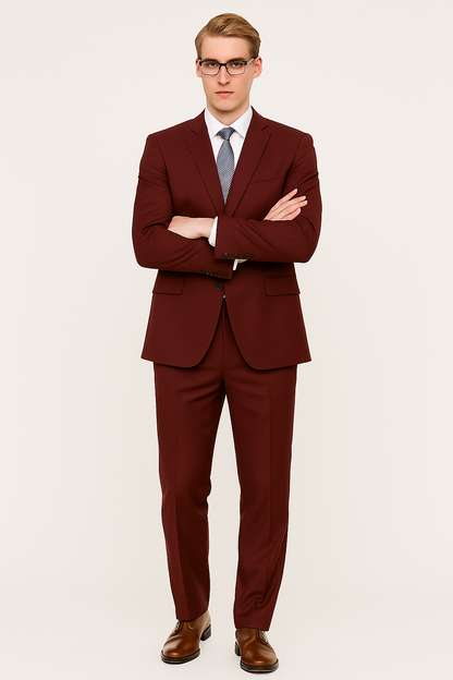 Mens Skinny Slim Suit Burgundy