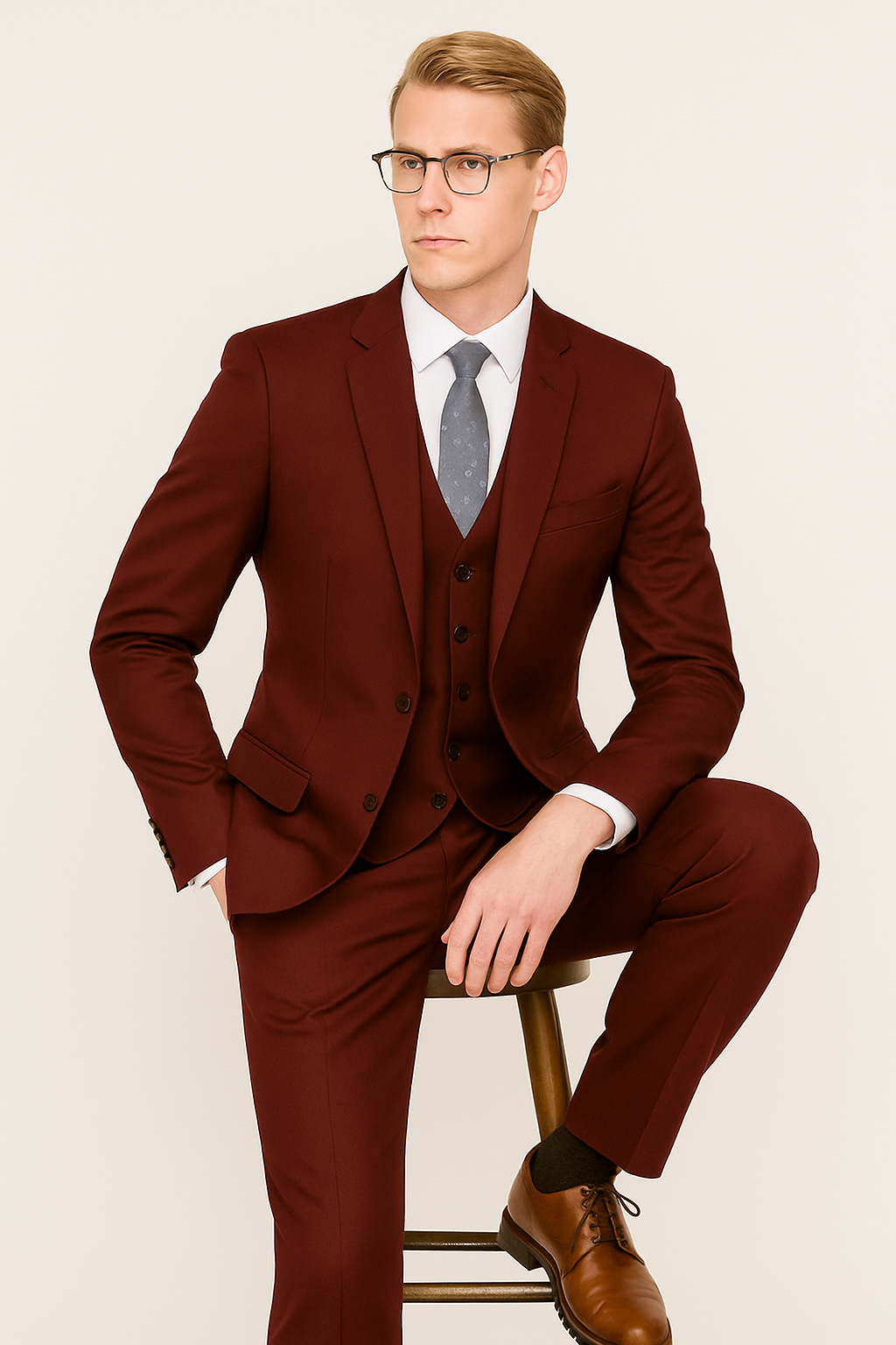 Mens Skinny Slim Suit Burgundy