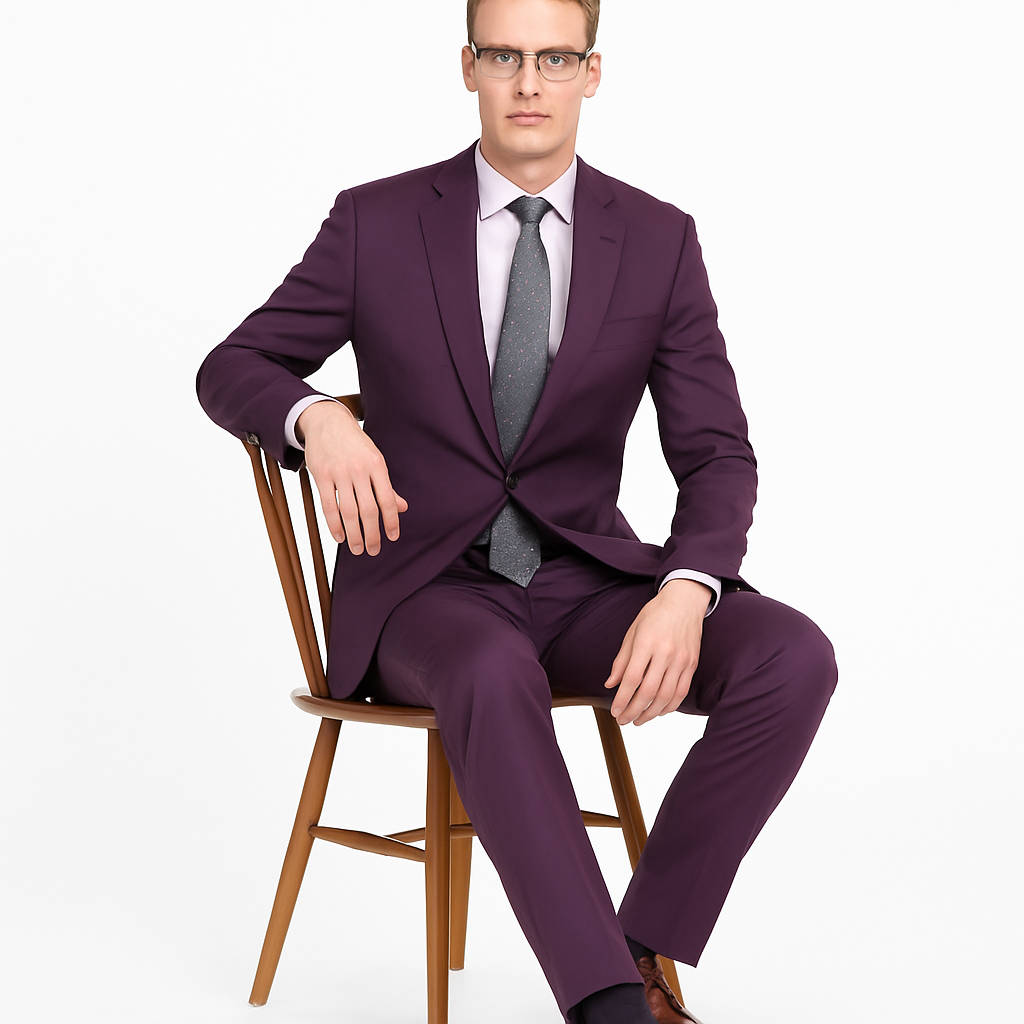 Mens Skinny Slim Suit Plum