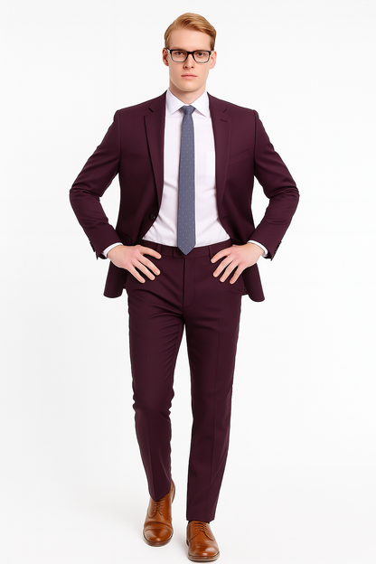 Mens Skinny Slim Suit Plum