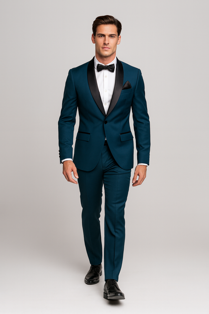 Mens Slim Fit 1 Button Shawl Lapel Tuxedo in Teal