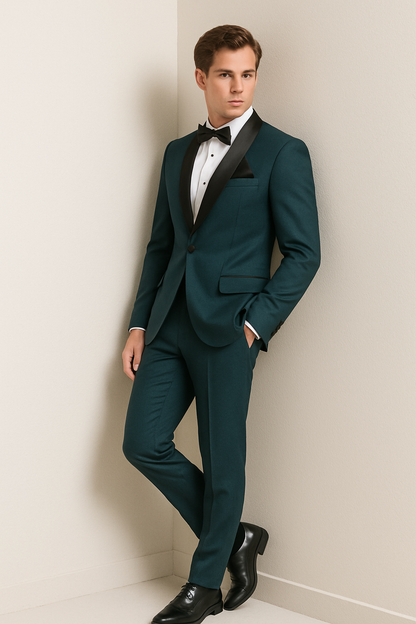 Mens Slim Fit 1 Button Shawl Lapel Tuxedo in Teal