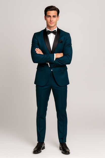 Mens Slim Fit 1 Button Shawl Lapel Tuxedo in Teal