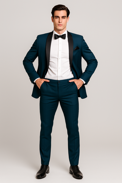 Mens Slim Fit 1 Button Shawl Lapel Tuxedo in Teal