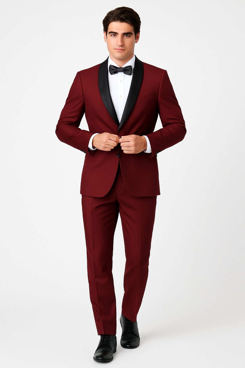 Mens Slim Fit 1 Button Shawl Tuxedo in Burgundy - Mens Slim Fitted Tuxedo
