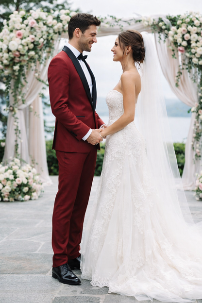 Mens Slim Fit 1 Button Shawl Tuxedo in Burgundy - Mens Slim Fitted Tuxedo