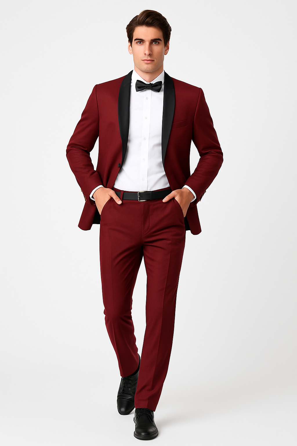 Mens Slim Fit 1 Button Shawl Tuxedo in Burgundy - Mens Slim Fitted Tuxedo