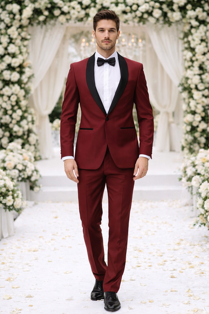 Mens Slim Fit 1 Button Shawl Tuxedo in Burgundy - Mens Slim Fitted Tuxedo
