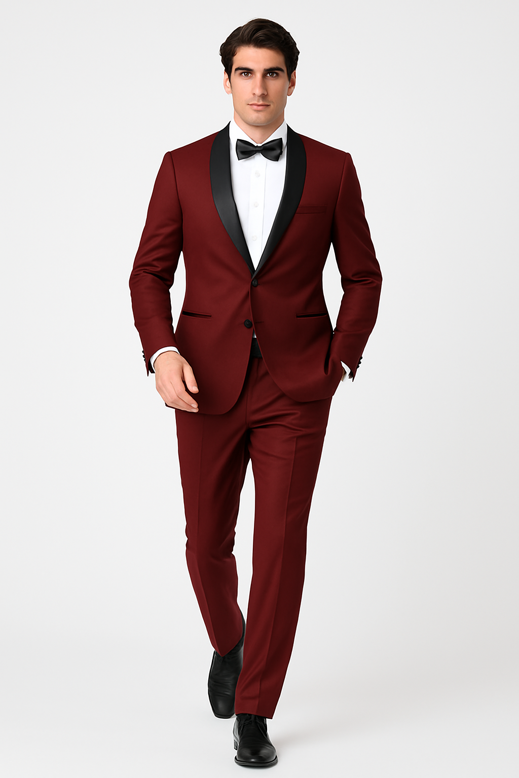 Mens Slim Fit 1 Button Shawl Tuxedo in Burgundy - Mens Slim Fitted Tuxedo
