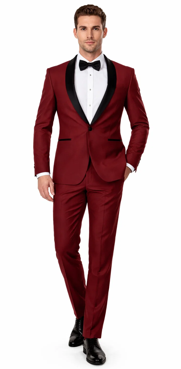 Mens Slim Fit 1 Button Shawl Tuxedo in Burgundy - Mens Slim Fitted Tuxedo