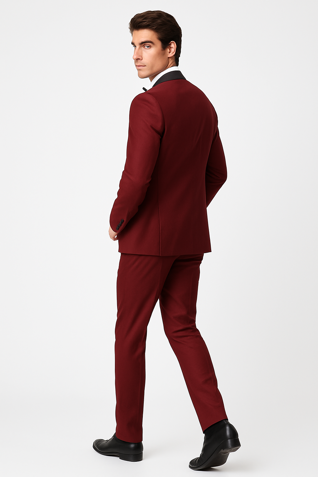 Mens Slim Fit 1 Button Shawl Tuxedo in Burgundy - Mens Slim Fitted Tuxedo