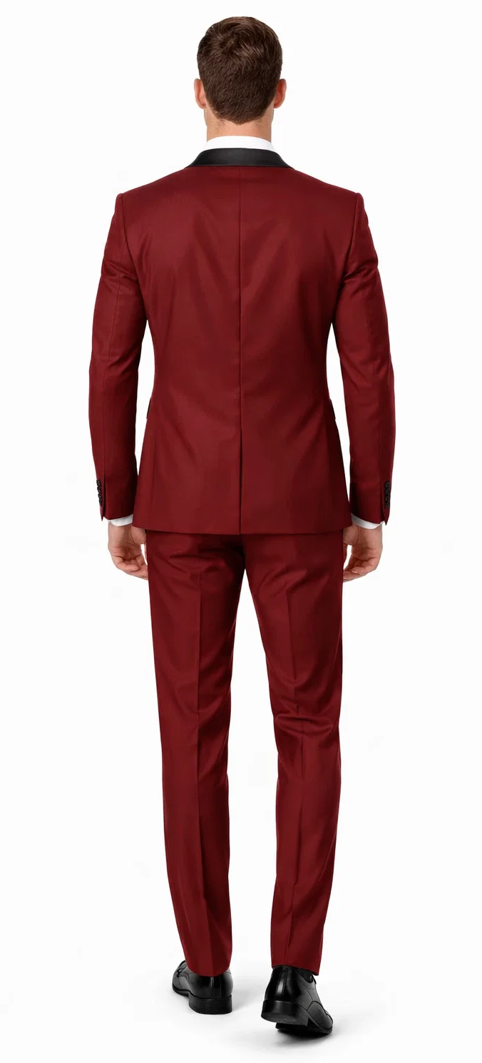 Mens Slim Fit 1 Button Shawl Tuxedo in Burgundy - Mens Slim Fitted Tuxedo
