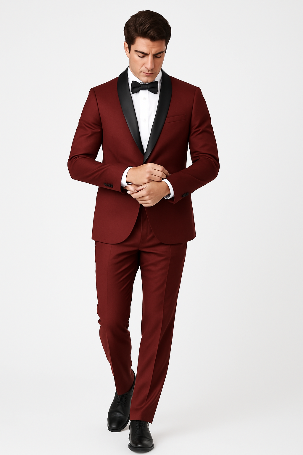 Mens Slim Fit 1 Button Shawl Tuxedo in Burgundy - Mens Slim Fitted Tuxedo