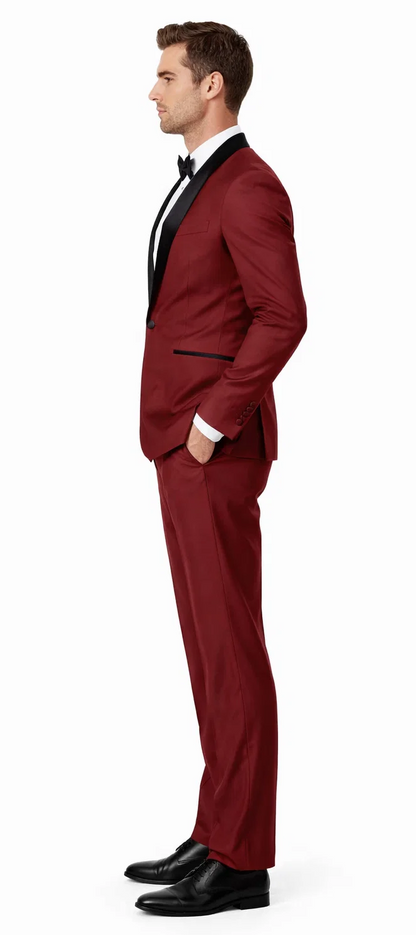 Mens Slim Fit 1 Button Shawl Tuxedo in Burgundy - Mens Slim Fitted Tuxedo
