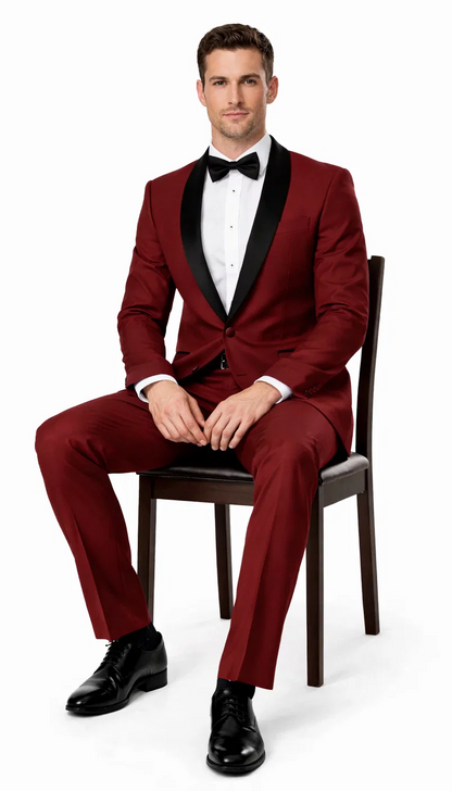 Mens Slim Fit 1 Button Shawl Tuxedo in Burgundy - Mens Slim Fitted Tuxedo