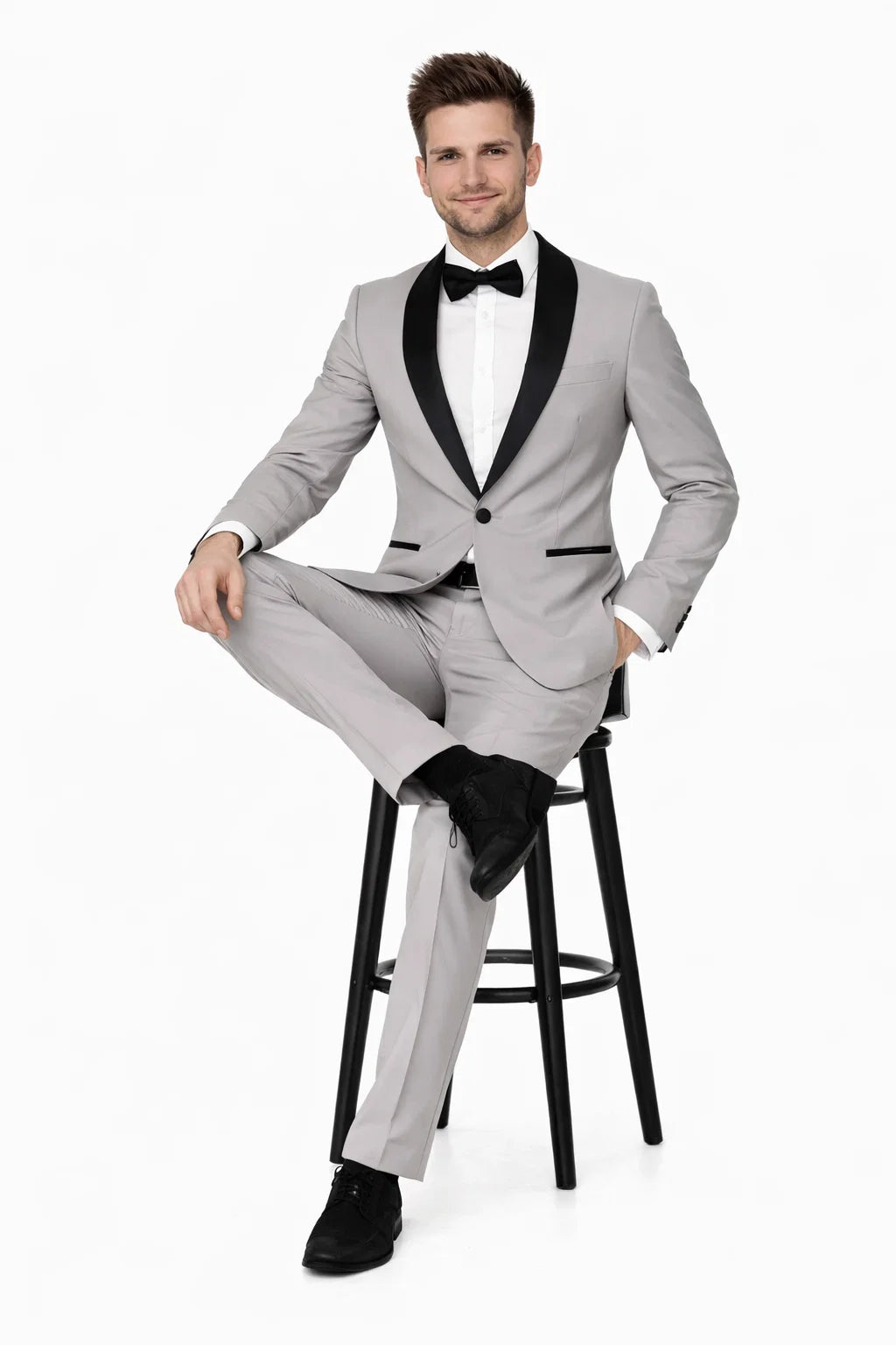 Mens Slim Fit 1 Button Shawl Tuxedo in Light Grey - Mens Slim Fitted Tuxedo