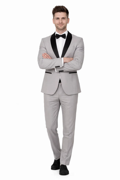 Mens Slim Fit 1 Button Shawl Tuxedo in Light Grey - Mens Slim Fitted Tuxedo