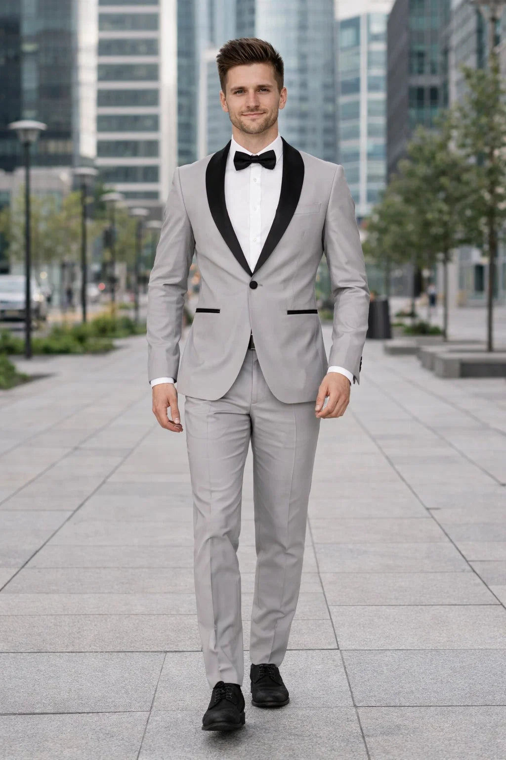 Mens Slim Fit 1 Button Shawl Tuxedo in Light Grey - Mens Slim Fitted Tuxedo