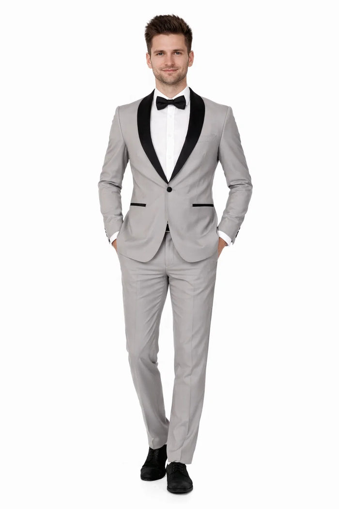 Mens Slim Fit 1 Button Shawl Tuxedo in Light Grey - Mens Slim Fitted Tuxedo