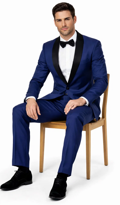 Mens Slim Fit 1 Button Shawl Prom Tuxedo in Royal Blue - Mens Slim Fitted Tuxedo
