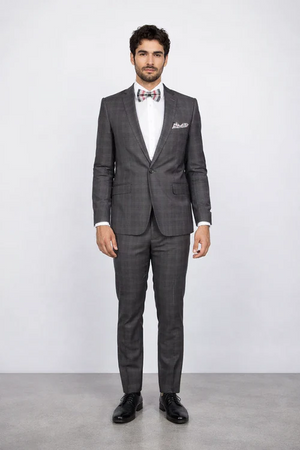 Men's Rossiman Rossi Man Brand Charcoal Plaid Tapered Leg Lower Rise Pants & Get Skinny 1 Button Slim Fit Peak Lapel Suit