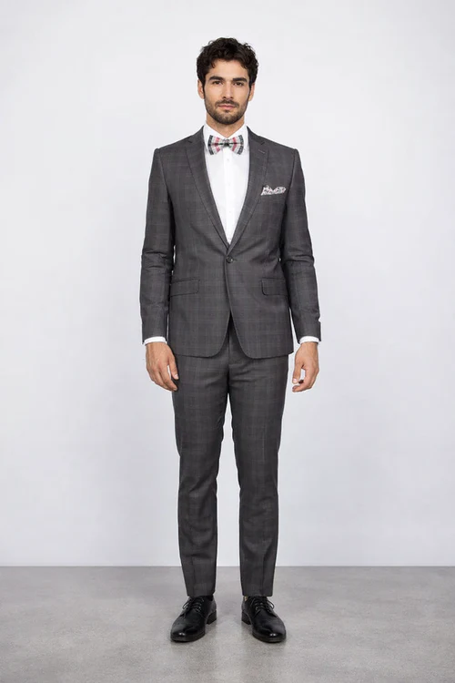 Men's Rossiman Rossi Man Brands Charcoal Plaid Tapered Leg Lower Rise Pants & Get Skinny 1 Button Slim Fit Peak Lapel Suits