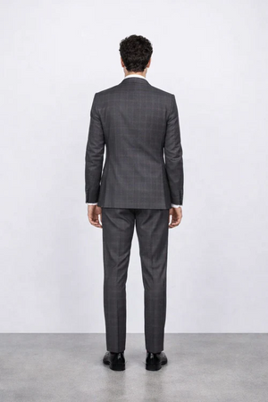 Men's Rossiman Rossi Man Brand Charcoal Plaid Tapered Leg Lower Rise Pants & Get Skinny 1 Button Slim Fit Peak Lapel Suit