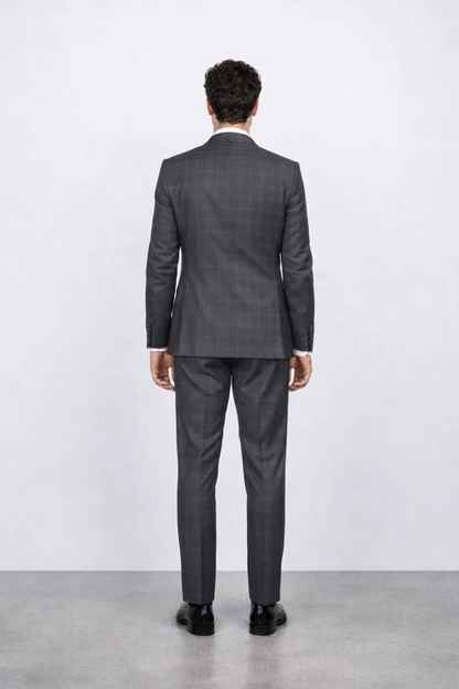 Men's Rossiman Rossi Man Brands Charcoal Plaid Tapered Leg Lower Rise Pants & Get Skinny 1 Button Slim Fit Peak Lapel Suits