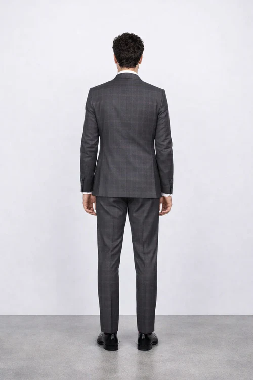 Men's Rossiman Rossi Man Brand Charcoal Plaid Tapered Leg Lower Rise Pants & Get Skinny 1 Button Slim Fit Peak Lapel Suit