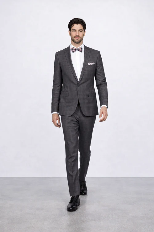 Men's Rossiman Rossi Man Brands Charcoal Plaid Tapered Leg Lower Rise Pants & Get Skinny 1 Button Slim Fit Peak Lapel Suits