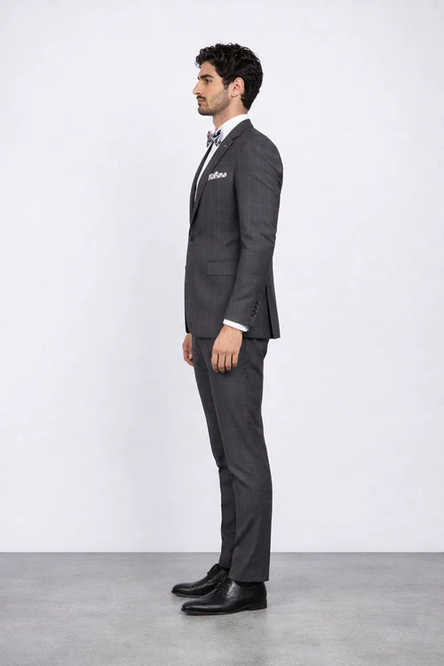 Men's Rossiman Rossi Man Brands Charcoal Plaid Tapered Leg Lower Rise Pants & Get Skinny 1 Button Slim Fit Peak Lapel Suits