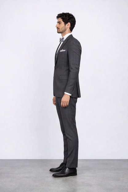 Men's Rossiman Rossi Man Brands Charcoal Plaid Tapered Leg Lower Rise Pants & Get Skinny 1 Button Slim Fit Peak Lapel Suits