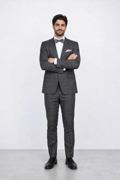 Men's Rossiman Rossi Man Brands Charcoal Plaid Tapered Leg Lower Rise Pants & Get Skinny 1 Button Slim Fit Peak Lapel Suits