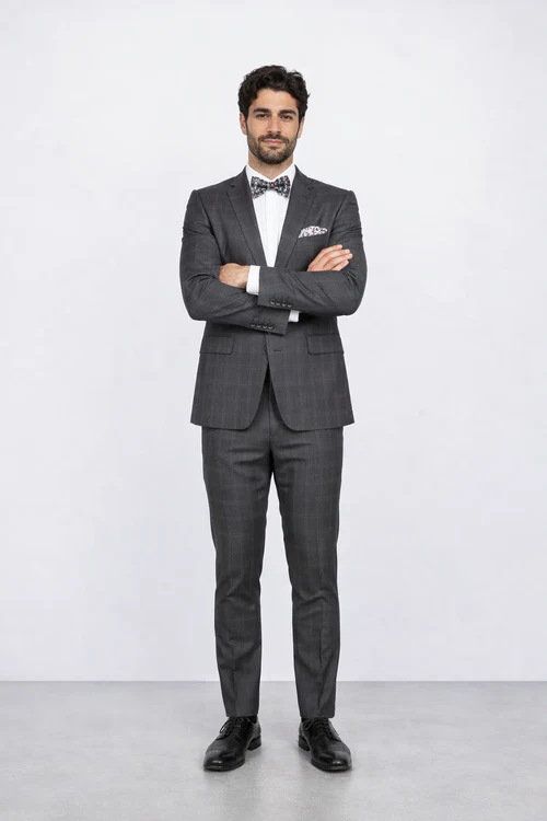 Men's Rossiman Rossi Man Brands Charcoal Plaid Tapered Leg Lower Rise Pants & Get Skinny 1 Button Slim Fit Peak Lapel Suits