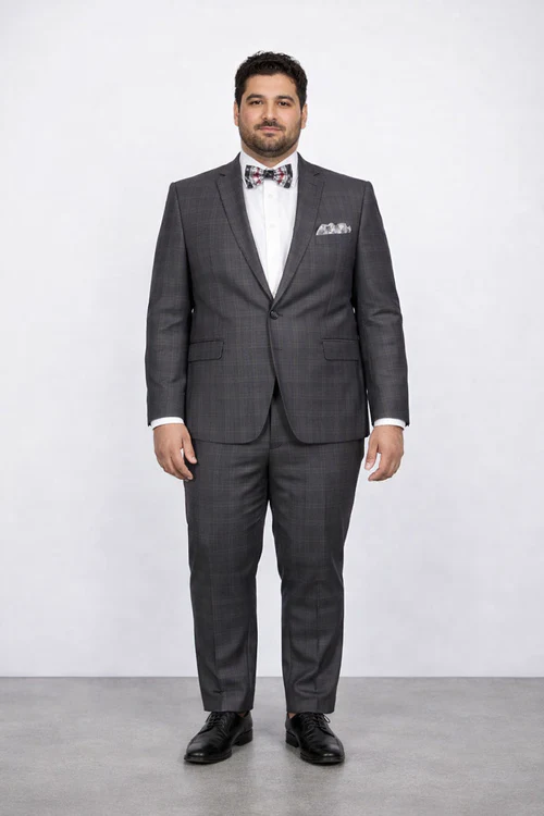 Men's Rossiman Rossi Man Brands Charcoal Plaid Tapered Leg Lower Rise Pants & Get Skinny 1 Button Slim Fit Peak Lapel Suits