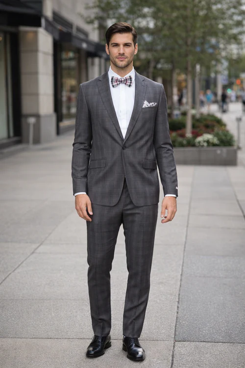 Men's Rossiman Rossi Man Brands Charcoal Plaid Tapered Leg Lower Rise Pants & Get Skinny 1 Button Slim Fit Peak Lapel Suits