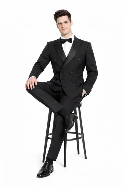 Mens Slim Fit Double Breasted Wool Tuxedo in Black - Mens Slim Fitted Tuxedo