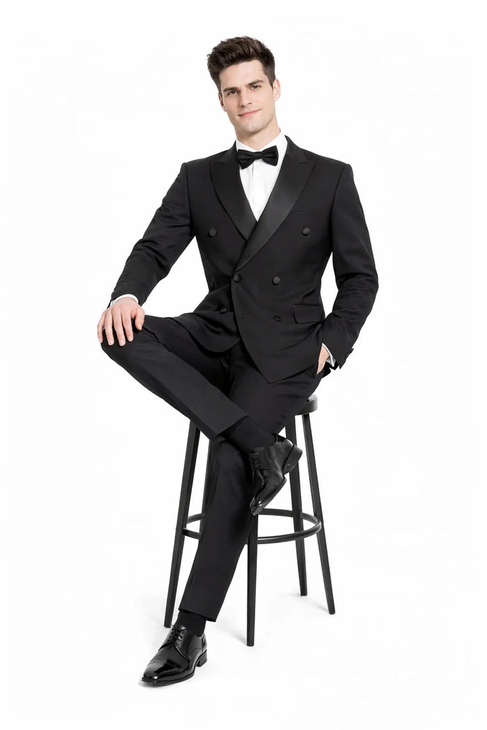 Mens Slim Fit Double Breasted Wool Tuxedo in Black - Mens Slim Fitted Tuxedo