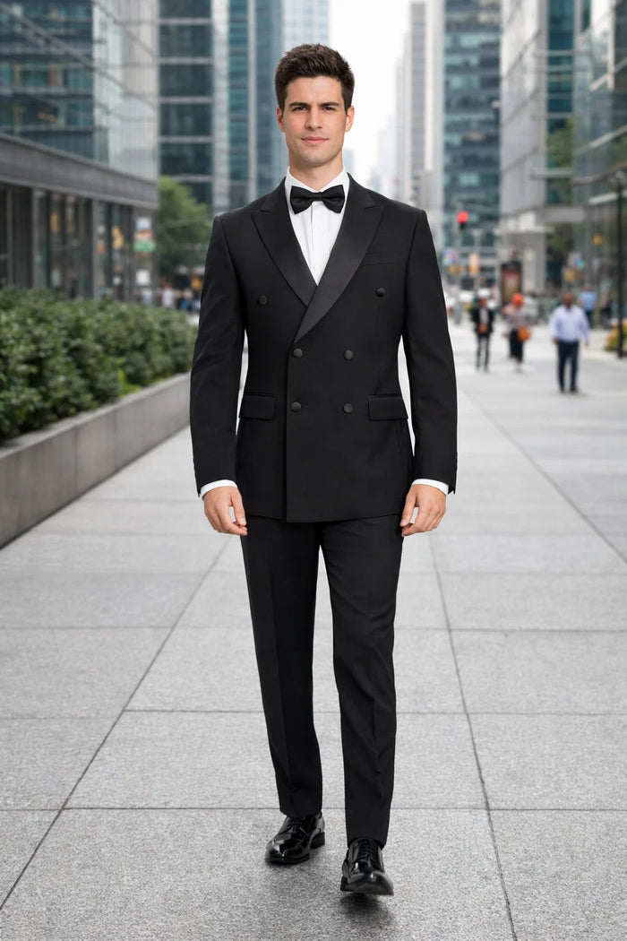 Mens Slim Fit Double Breasted Wool Tuxedo in Black - Mens Slim Fitted Tuxedo