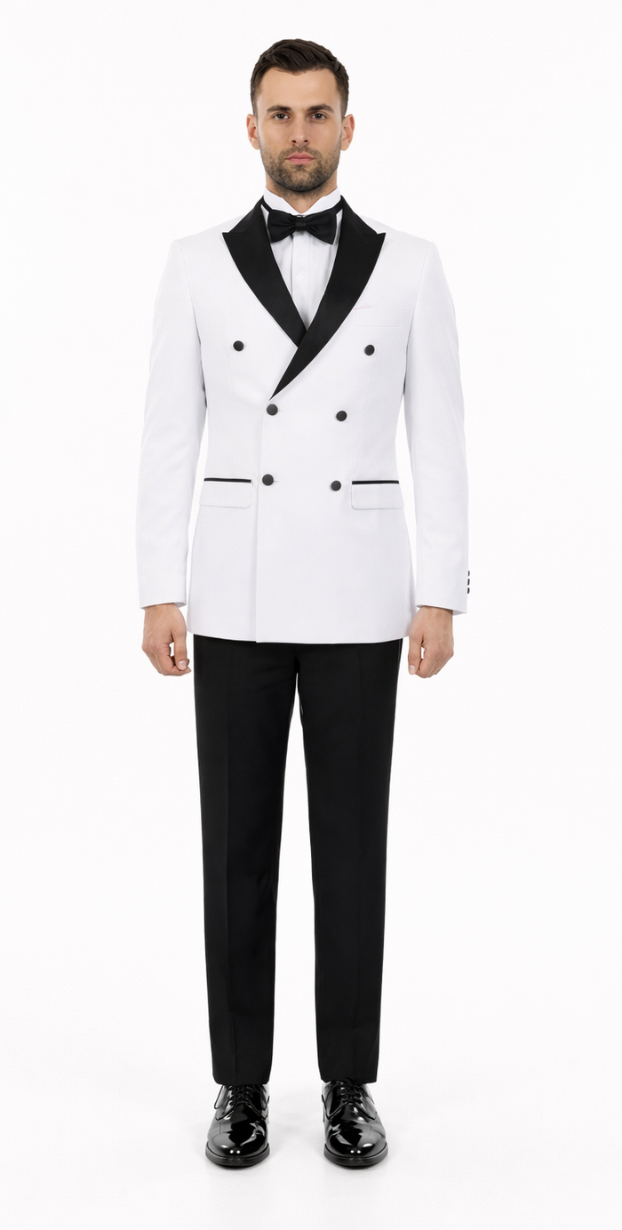 Mens Slim Fit Double Breasted Wool Tuxedo in White - Mens Slim Fitted Tuxedo