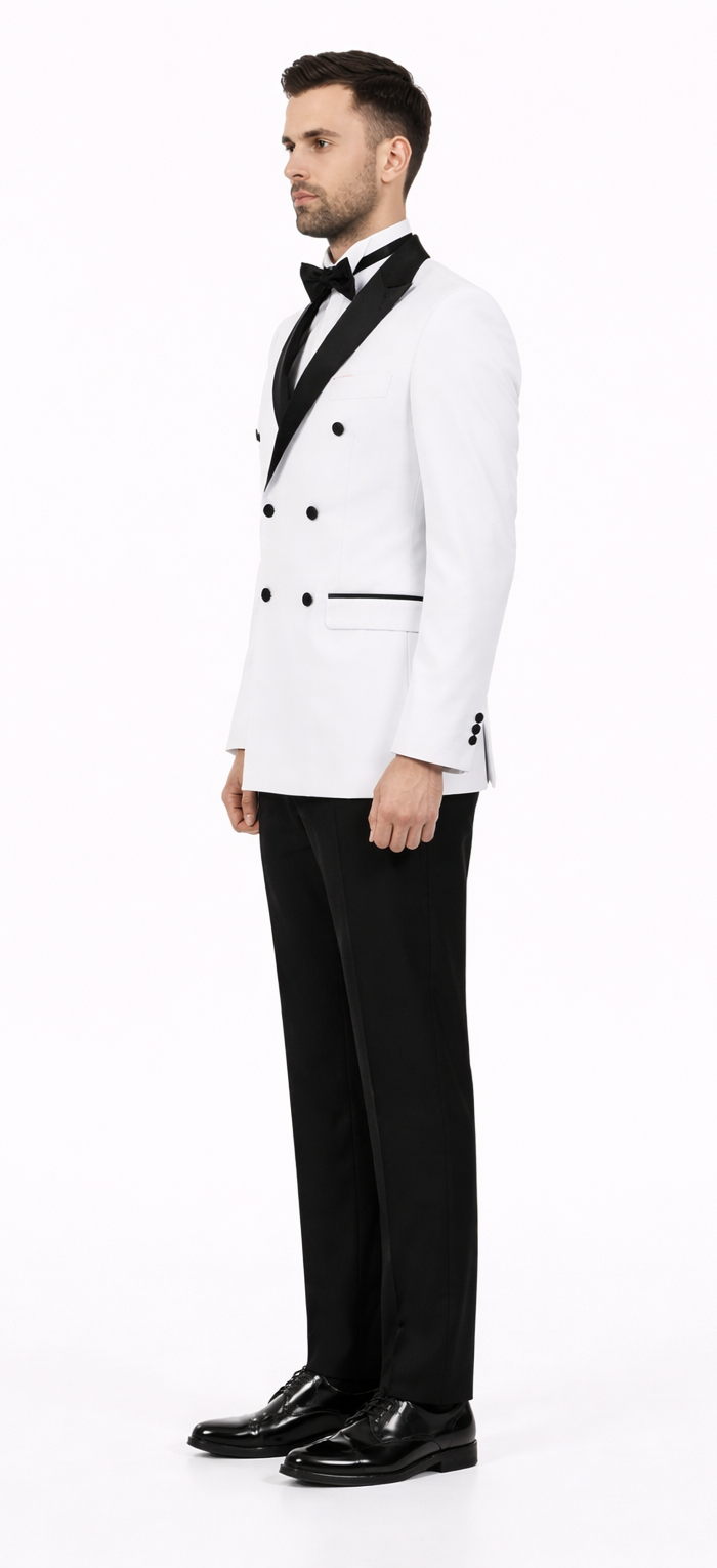 Mens Slim Fit Double Breasted Wool Tuxedo in White - Mens Slim Fitted Tuxedo