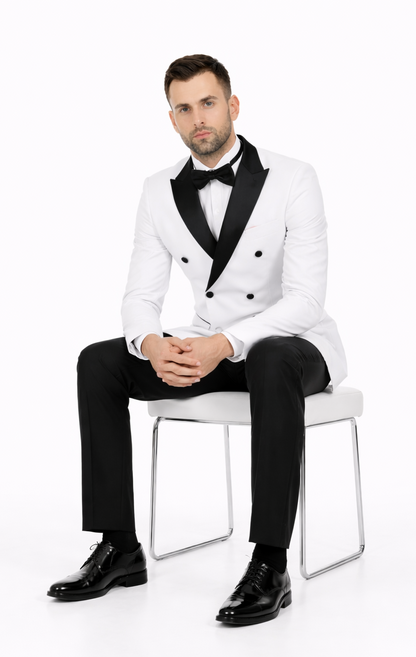 Mens Slim Fit Double Breasted Wool Tuxedo in White - Mens Slim Fitted Tuxedo