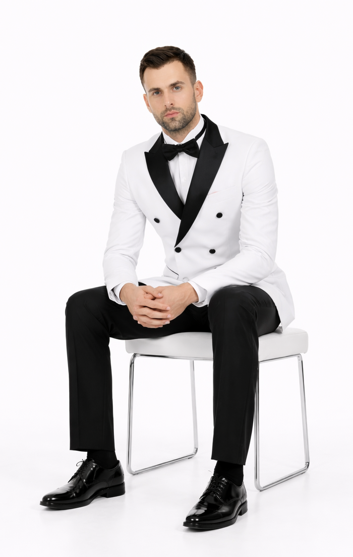Mens Slim Fit Double Breasted Wool Tuxedo in White - Mens Slim Fitted Tuxedo