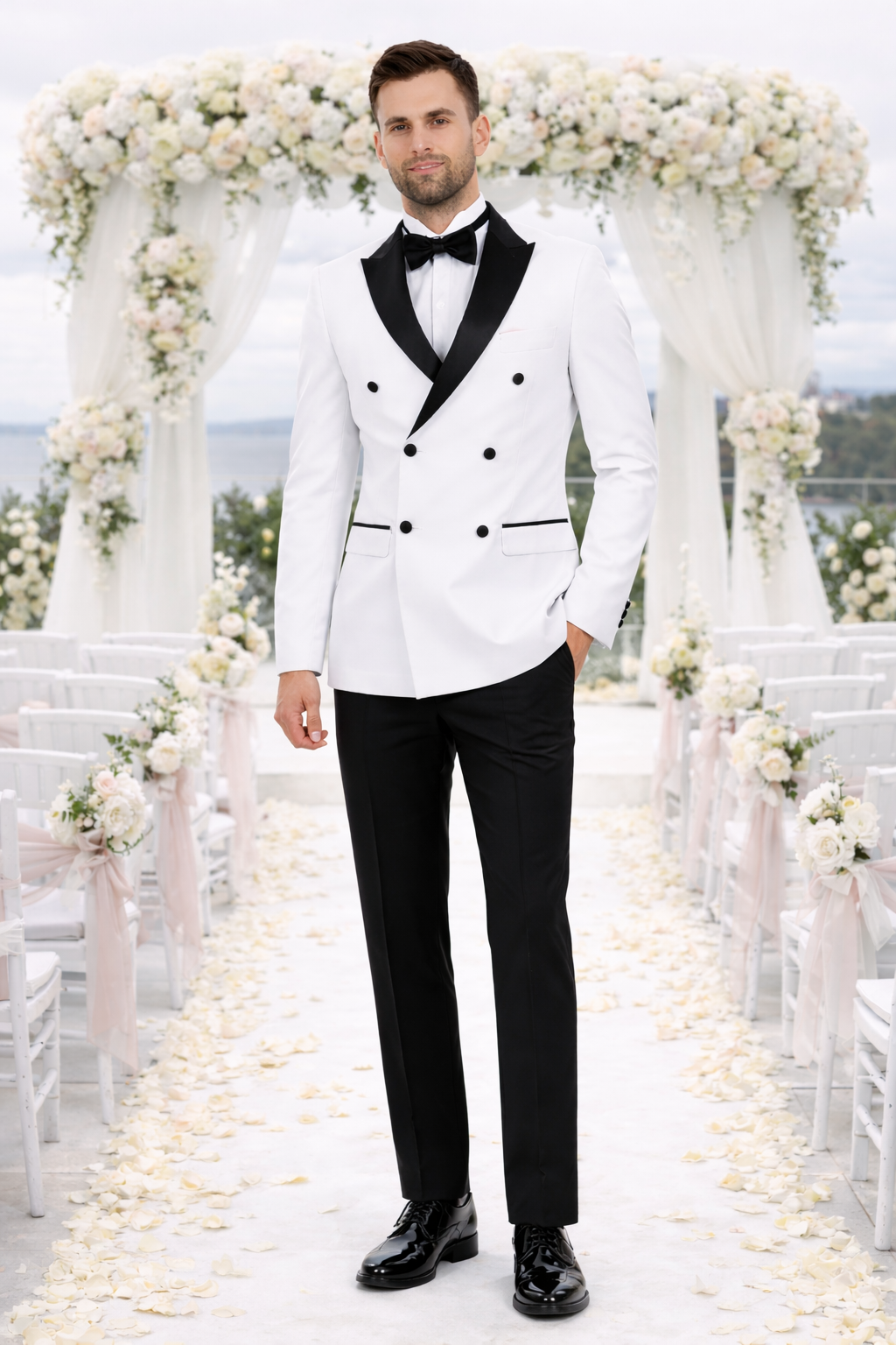 Mens Slim Fit Double Breasted Wool Tuxedo in White - Mens Slim Fitted Tuxedo