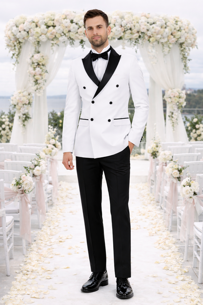 Mens Slim Fit Double Breasted Wool Tuxedo in White - Mens Slim Fitted Tuxedo