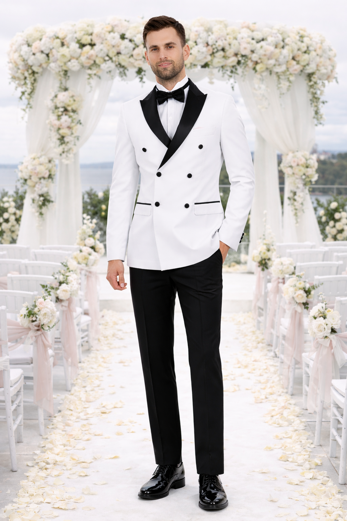 Mens Slim Fit Double Breasted Wool Tuxedo in White - Mens Slim Fitted Tuxedo